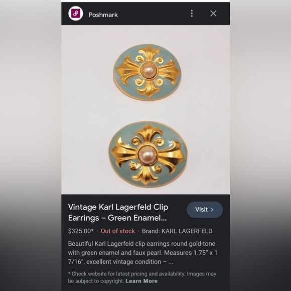 Vintage Karl Kagerfeld clip earrings, oval gold tone,orange enamel & faux pearl - Picture 7 of 8